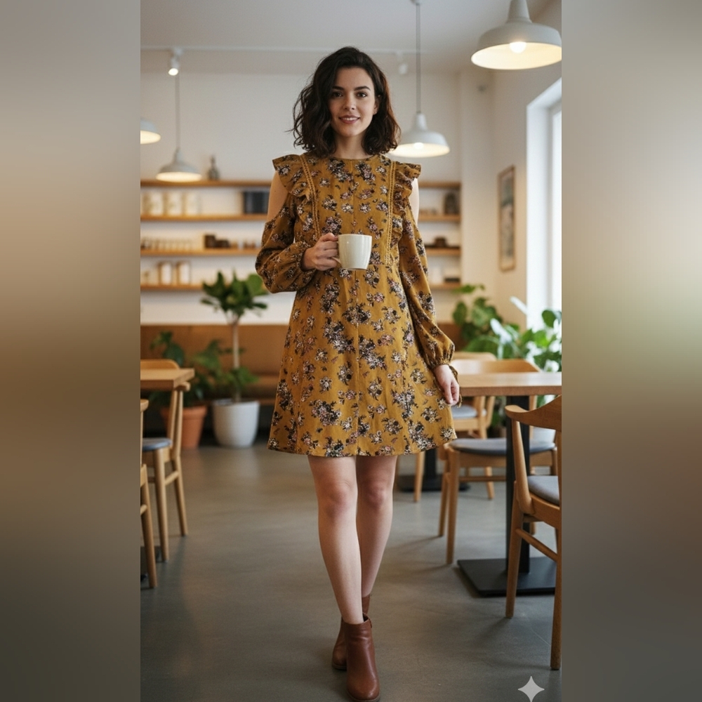 Moon River Mustard Floral Long Sleeve Dress